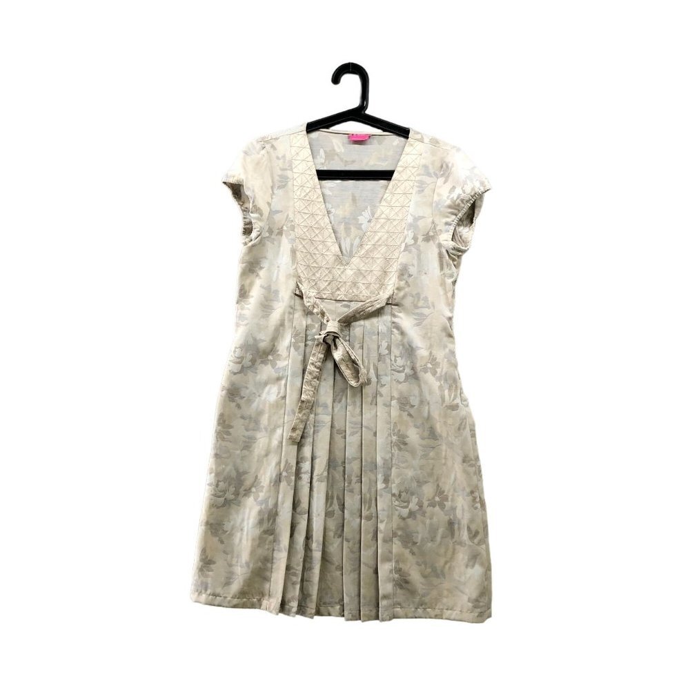 BCBGirls Sz M Metallic Gold Silver Party Dress Jacquard Pleated Tie Waist